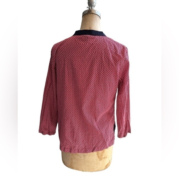 Talbots top/blouse red with and blue print with ribbon trim size small - Picture 2 of 7